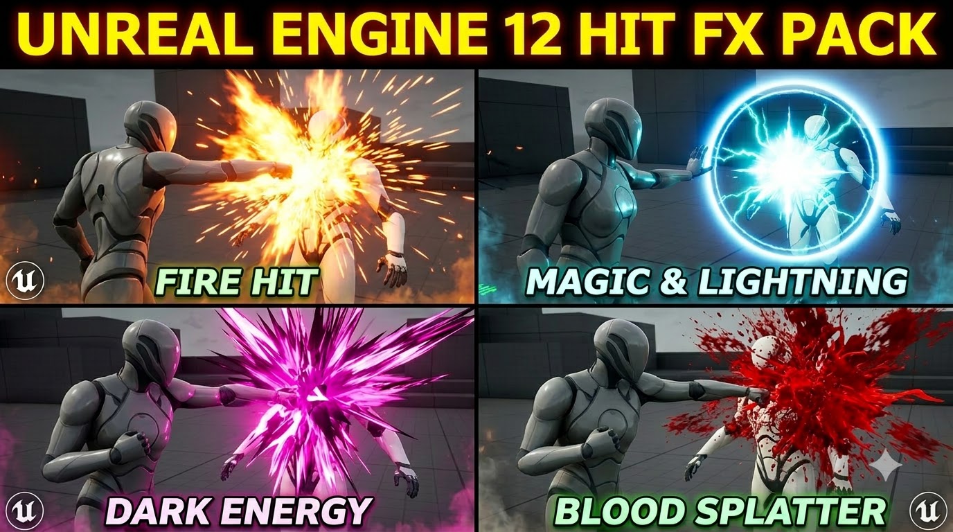 UE5 Niagara: 12 Combat Hit Reaction FX Pack | Customizable VFX ⚡
