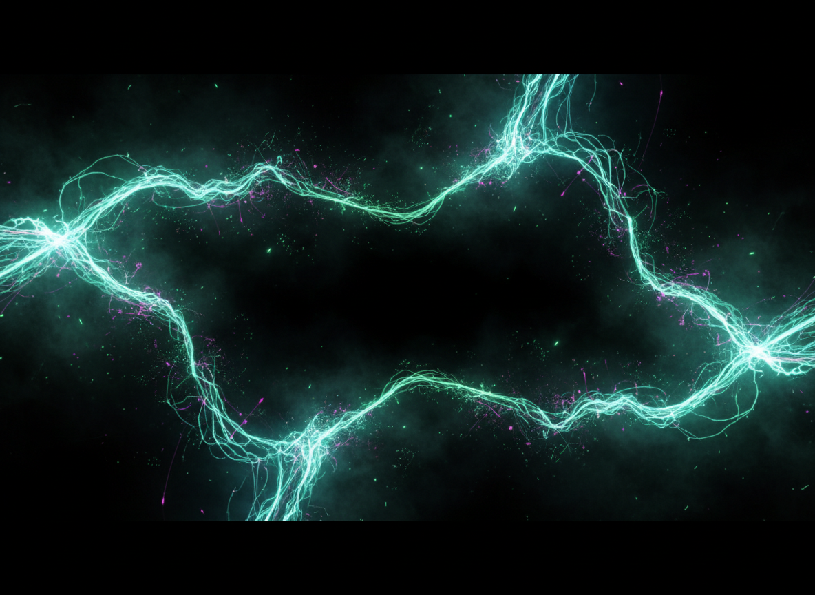 A dramatic cinematic abstract Unreal Engine Niagara VFX scene for a dark creative tutorial website hero banner: electric cyan and emerald green energy trails, glowing particles, smoky volumetric atmosphere, subtle magenta accents, deep black background, high contrast, wide landscape composition with clean darker negative space in the center for white headline text, no words, no logos, no interface, no borders.